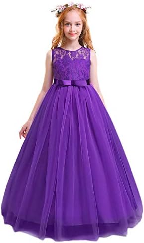 Flower Girl Lace Dress for Kids Formal Wedding Bridesmaid Long Princess Dresses Pageant First Communion Dance Prom Gown Little Baby Baptism Big Girls Birthday Floor Length Puffy Tulle Skirt Purple 7-8
