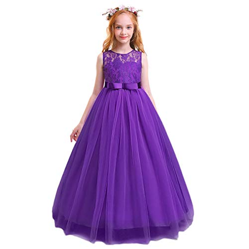 Little Big Girls Vintage Floral Lace Sleeveless Floor Length Dress Long Bridesmaid Wedding Party Dress First Communion A Line Evening Formal Prom Pegeant Maxi Tulle Dance Ball Gown Purple 7-8