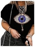 WDIRARA Women's Rhinestone Embellished Graphic Print Round Neck Short Sleeve Tee Shirts Black Medium