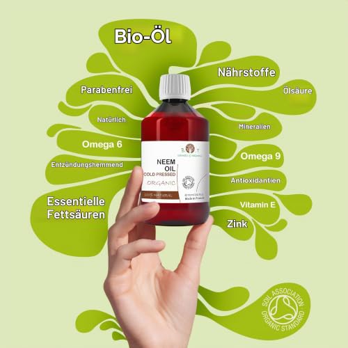 Organisches Neemöl - 100% Rein und Natürlich für Gartenarbeit, Tierpflege und Haut - Insektenschutzmittel, Aknebehandlung und Mehr - Kaltgepresst - 100 ml
