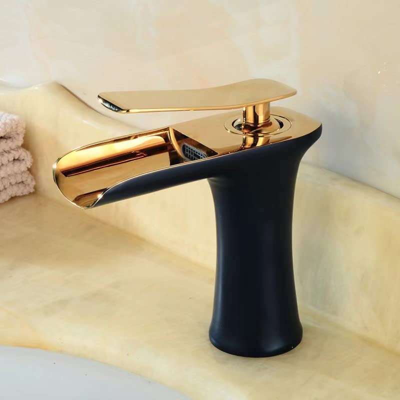 Photo 1 of 6IX Senses Bathroom Sink Waterfall Faucet - Single Hole Bathroom Basin Faucet, Single Handle Waterfall Faucet, 1 Hole Faucet, Waterfall faucets, Gold Handle Matte Black, Easy Smooth Flow