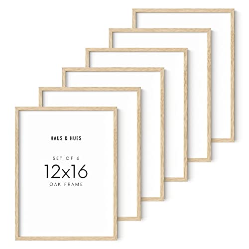 Image of HAUS AND HUES Beige Oak Wood 12x16 Picture Frame - Modern Wood Wall Art Display - Lightweight 12x16 Frame for Art Prints, Photos, Posters - Ready-to-Hang Vertically & Horizontally (Set of 6)