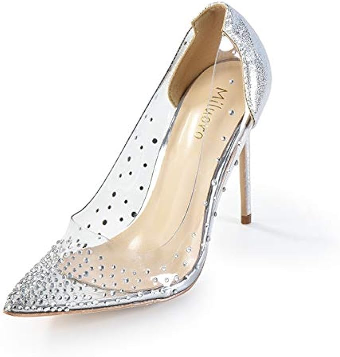 Miluoro Women Pointed Toe Transparent Rhinestones High Heels Party Wedding Pumps