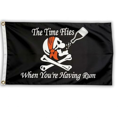 Skull Rum Pirate Flag 5ft x 3ft with Brass Eyelets – Polyester Pirate Banner for Treasure Hunt Parties, Halloween Decor, Bar, Boat & Garden Decor