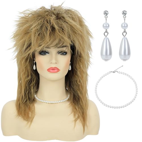 Bettecos 80s Women Rock Diva Costume Wig with Necklace and Earring for Women Big Hair Blonde 70s 80s Rocker Mullet Wigs Glam Punk Rock Rockstar Cosplay Wig for Halloween Party (Blonde)