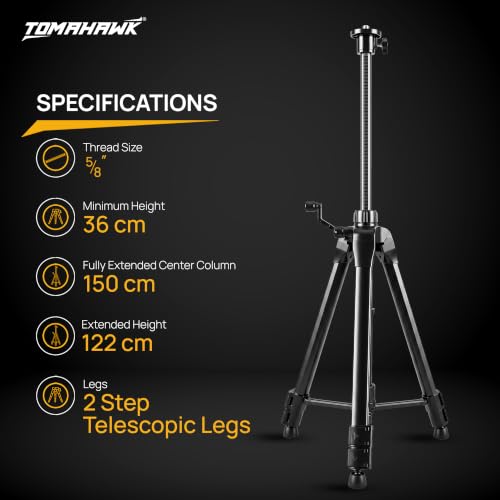 Image of TOMAHAWK TP-1.5m-Tripod - Adjustable Aluminium Alloy Laser Tripod Stand Holder with 3-Way Pan Head, Bubble Level and Extra 5 /8 inch Thread