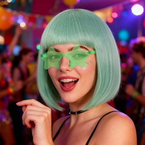 Image of ANOGOL Mint Green Bob Wig with Bangs Green Wigs for Women Colored Wigs | Hair Cap+ Sunglasses Short Neon Wig for Bachelorette Party Funny Outfit for Women Halloween Christmas Costume St Patrick Day