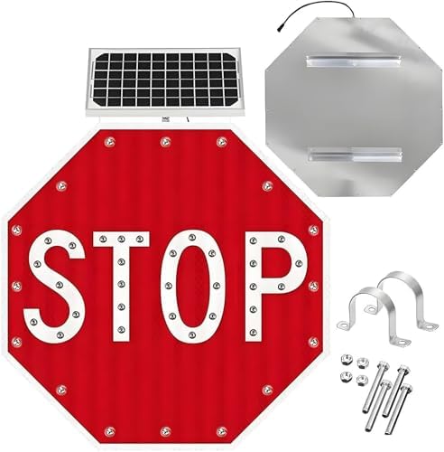 Solar-Powered 32" Reflective LED Stop Sign - Flashing Warning Traffic Signal for Outdoor Streets, Safety Alert, Durable, High Visibility Road Sign