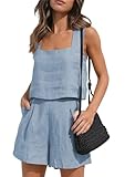 YMING Womens Summer 2 Piece Outfits Linen Set Square Neck Sleeveless Crop Tank Top and Shorts Sets Plus Size Light Blue M