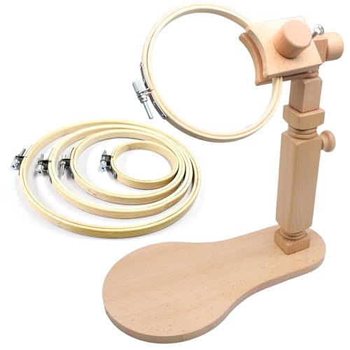 Biaungdo Adjustable Rotated Embroidery Hoop Stand with 5 Pack 5 Sizes Hoop, Wooden Embroidery Holder