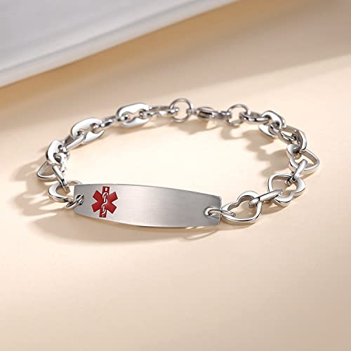 mnmoom 7 1/2 in Heart Medical Alert Bracelets for Women Stainless Steel id bracelets with Free custom engraving2