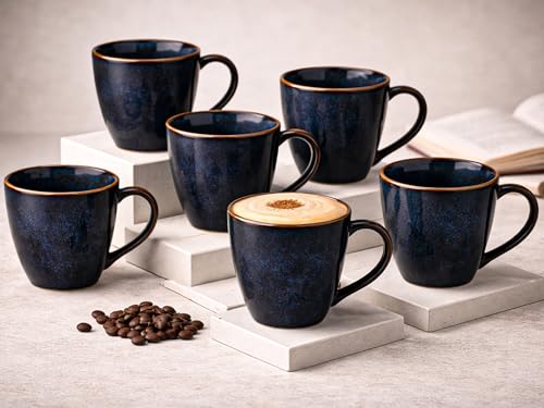 Image of Bodhi House Handcrafted Ceramic Coffee Mug Set of 6 Pieces (350 Ml), Stoneware Tea Cup, Microwave Safe Large Milk Mug, Glossy Finish, Ideal for Daily use, Casual Gatherings and Gifting, Reactive Blue