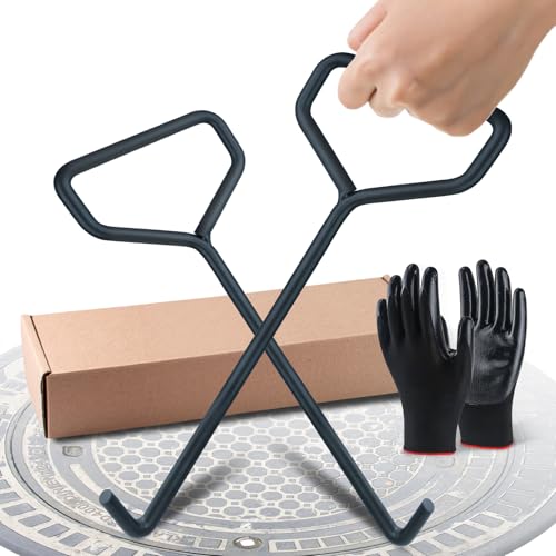 BQHRJG 2 Stück Kanaldeckelheber 40cm, Schachthaken aus schwarzem Kohlenstoffstahl, Gullideckel haken für Kanal- und Abflusshaken, Schachtdeckelheber wird mit einem Paar Handschuhen geliefert (40 cm)