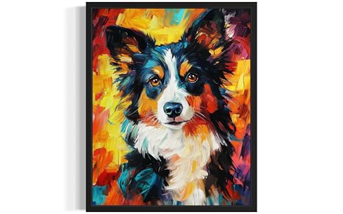 Image of Border Collie Colorful Abstract Black Framed Wall Art Print Poster, Dog Pet Lover Picture Painting Artwork Bedroom Living Room Office Dining Room 150D (Border Collie Colorful Abstract, 10 inchL x 8 inchW, Black Frame)