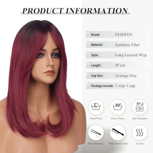 Image of FESHFEN Wigs with Bangs for Women, Synthetic Natural Looking Ombre Wine Red Long Layered Straight Auburn Hair Wig for Women Daily Party Use, 18 inch