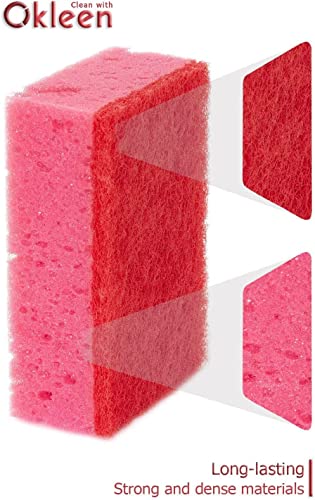 Image of Pink Multi Use Scrub Sponges. Made in Europe. 18 Pack, 4.3x2.8x1.4 inches. Odorless Heavy Duty & Non Scratch Fiber. Durable and Delicate Scrubber for Kitchen & Bathroom, Housekeeping & Outdoors