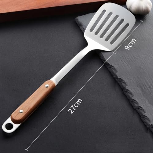 Image of Stainless Steel Slotted Turner Spatula, Professional Food Turner Flipper with Heat Resistant Wooden Handle (A-Ladle+PlainSpatula+SlottedSpatula+Skimmer)