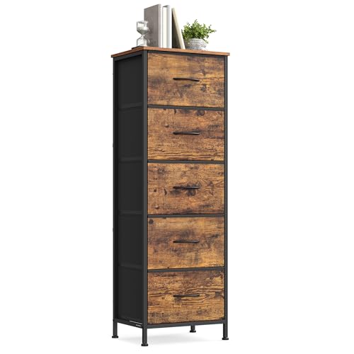 Lista de Cajones - los preferidos. 48 SONGMICS Cómoda, 5 Cajones de Tela, Acero, MDF, Tela no Tejida, para Dormitorio, Armario, Pasillo, Salón, Marrón Rústico y Negro Tinta MLGS315BH04