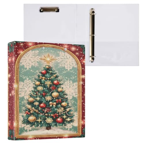 Image of 3 Ring Binder Festive Christmas Tree Snowflakes 1.5 inch Binders Three Ring Binders with Clipboard Fit 8.5'' x 11'' Paper 3 Interior PVC Clear Pockets for Office Supplies