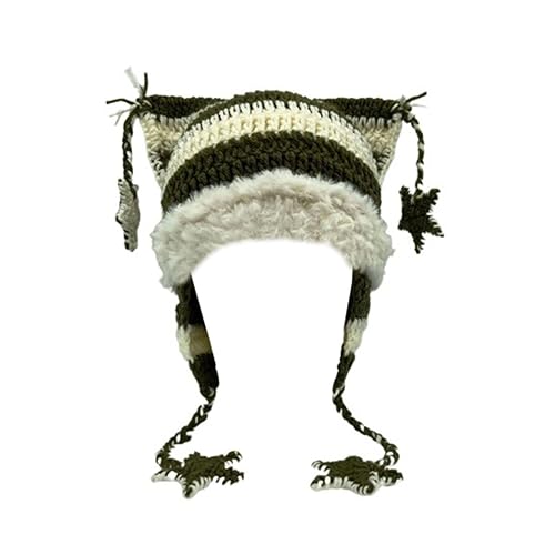 Beanies Cat Beanie Y2k Beanie Goth Knit Hat Grunge Crochet Hats for Women y2k Accessories, Green White, M