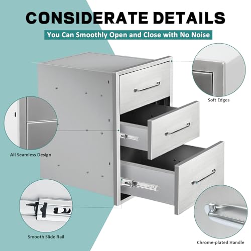 Image of Outdoor Kitchen Drawers 15.7 inch W x 21.6 inch H x 17.7 inch D Stainless Steel Drawer BBQ Triple Drawers with Chrome Handle for Outdoor Kitchen Island, Patio Grill Station