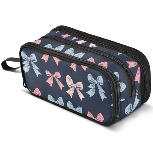 Image of ALAZA Blue Pink Bow Pattern Large Pencil Case, Pen Pouch Pencil Bag with 3 Compartments Pen Holder Organizer Stationery Bag