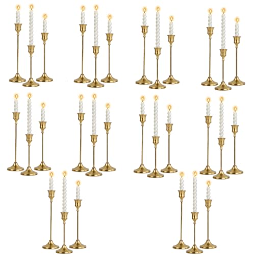 10 Sets Candle Holder Brass Metal Candlestick Holders - HearthLume Vintage Modern Metal Taper Candle Holders, Decorative Centerpiece for Table Mantel, Wedding Kitchen Home Decor, Wedding Gift,30Pcs