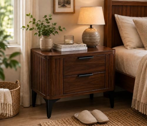 Image of Solid Sheesham Wood Bedside Table for Bedroom & Livingroom | Nightstand End Table with 2 Drawers Storage for Home | Modern & Luxury Design| (Walnut Finish)