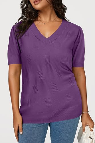 Image of Arach&Cloz Women's Lightweight Spring Summer Sweater Tops Casual Short Sleeve Blouses Shirts