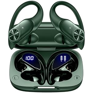 Bluetooth Headphones Wireless Earbuds 80hrs Playtime Wireless Charging Case Digital Display Sports Ear buds with Earhook Premium Deep Bass IPX7 Waterproof Over-Ear Earphones for TV Phone Laptop Olive
