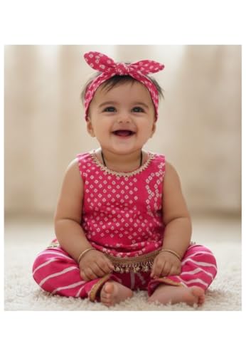 Image of The Root And Craft Kids Birthday Photoshoot Outfit Dress Girls Bandhani printed Top With Dhoti pant & Hairband Born Baby Photography Photoshoot Props(0to 18 Month)