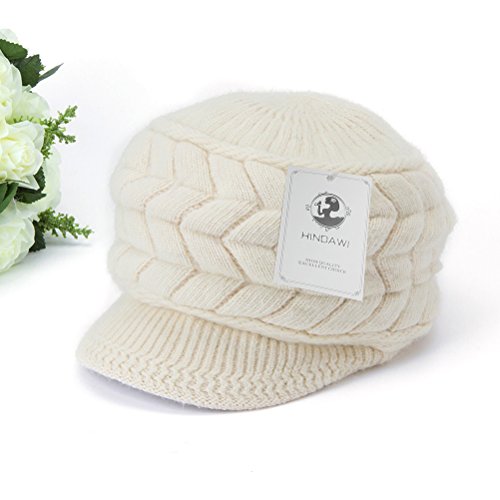 HINDAWI Women Winter Warm Knit Newsboy Hat Wool Snow Caps with Visor, Beige - Thumbnail 4