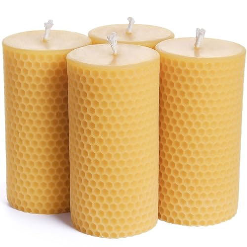 Bougies piliers en cire d'abeille naturelle Lot de 4 pour la maison 5x10cm