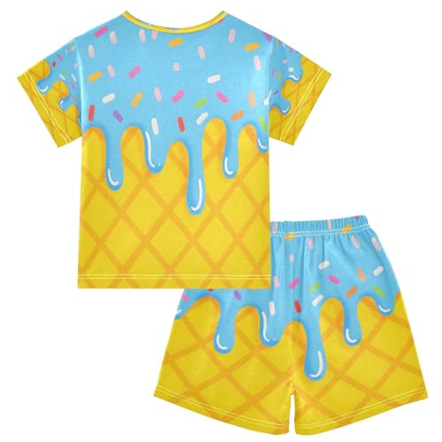 ALAZA Yellow Blue Ice Cream Pajamas Set Short Sleeve Cotton Sleepwear Summer Pjs 2 Piece 5-14Y2