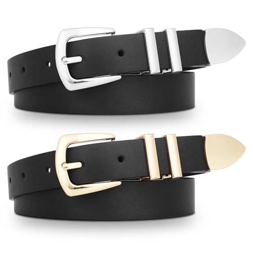 2 Pack Women Leather Belt Black Western Wais Belt with Gold Buckle Women for Jeans Pants