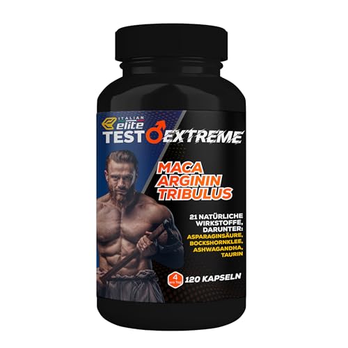 Italian Elite Testo Extreme – 120 Kapseln mit Maca 8000 mg. Natürliches Nahrungsergänzungsmittel für Männer mit Tribulus, Bockshornklee, Zink, Arginin, Ashwagandha, Vitaminen und Mineralstoffen.