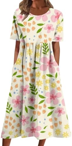 Mid Length Dress for Women Bohemian Floral Printed Maxi Dress Summer Casual Loose Flowy Dresses with Pockets