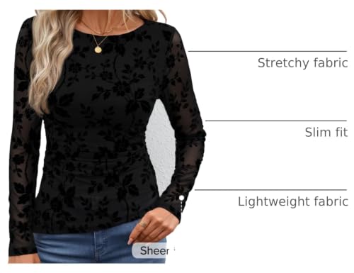 Image of ZESICA Womens Floral Long Sleeve Shirts 2026 Spring Boat Neck Mesh Ruched Tops Fitted Asymmetrical Going Out Blouses