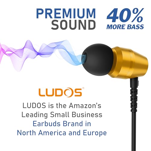 Image of LUDOS OMNITONE Wired Earbuds in-Ear Headphones, 5 Year Warranty, Earphones with Microphone, 3.5 mm Jack Corded Ear Buds, Videoconference for iPhone, Samsung, Laptop, Kids, School Students - Gold
