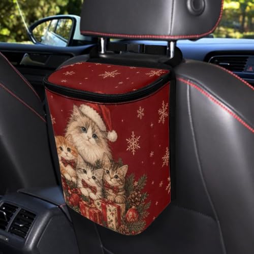 Image of Talayituse Christmas Cats Gift Print Car Trash Can Portable Auto Garbage Bin Multifunctional Vehicle Interior Accessories with Adjustable Straps Universal Fit Truck SUV Sedan Christmas Decor