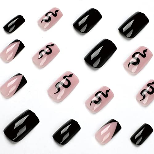 RUNRAYAY Black & Nude French Medium Fake Nail, Press on False Nails with Snake Design - Image 4