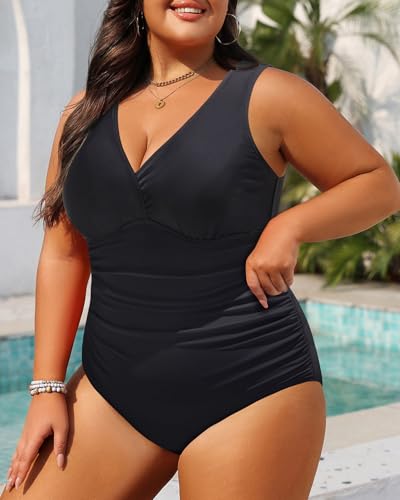 Aqua Eve Women Plus Size One Piece Swimsuits Tummy Control Bathing Suits V Neck Ruched Swimwear3