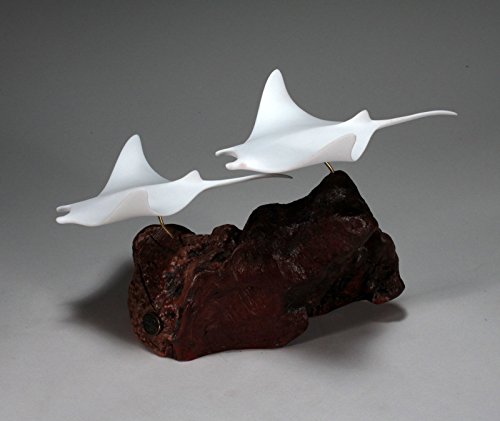 Manta Ray Duo Sculpture by John Perry White Statue on Wood 8in Tall - Thumbnail 2