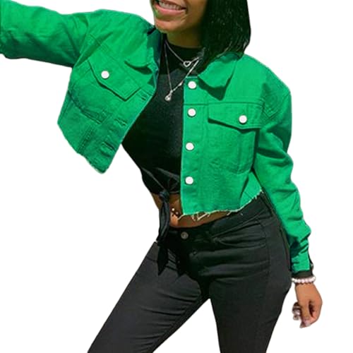 Women's Denim Short Long Sleeve Lapel Jacket Button Down Distressed Hem Crop Jeans Coat4