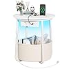 Yoobure Small Side Table LED Night Stand with Charger Station Round End Table Side Tables Living Room with Fabric Basket Bedside Table End Tables Bedroom Storage Accent Table for Small Spaces