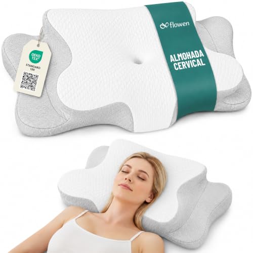 Flowen Almohada Cervical y Cuello Espuma de Memoria Cojin Ortopédico para Dormir Antiácaros Antialérgico y Transpirable Ideal para Dolores de Cuello Forro Antibacteriano Extraíble y Lavable