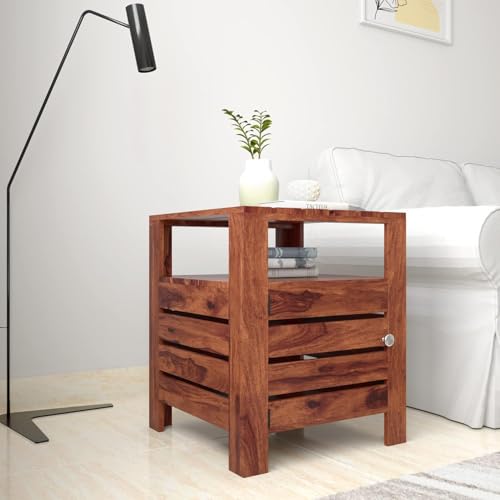 Image of Amazon Brand - Solimo Solid Sheesham Wood Poshe Side Table with Bottom Shelf and Cabinet (Natural Finish)