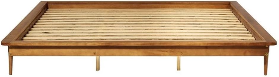 Pemberly Row Mid-Century Solid Wood King Platform Bed Frame, Caramel Finish, 84 x 89 in, Tapered Legs, No Box Spring Required, Boho Style Bedroom Furniture