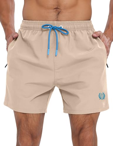 APTRO Mens Swim Shorts Quick-Dry Mesh Lining Summer Beach Shorts 4-Way Stretch Swim Trunks with Zipper Pockets Khaki XXL