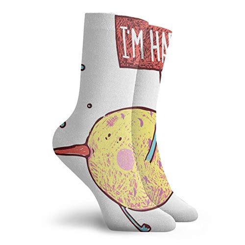 Fashion Compression Socks,Kids Fat Little Chubby Fish Character Holds Happy Phrase Flag Humor Animal Design,Performance Polyester Cushioned Athletic Crew Socks for Running,Athletic, -12 inch2